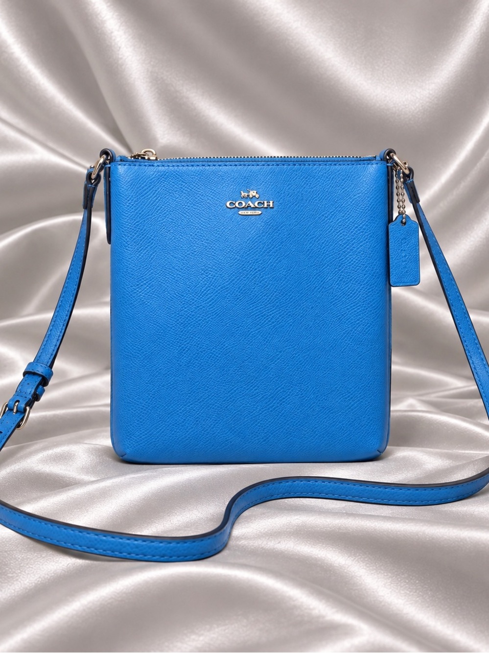 COACH Blue Pebbled Leather Crossbody with Silver Hardware